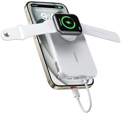 VEGER Power Bank Mini 20 W PD,Power Bank 10000 mAh con cavo USB-C integrato e Apple, con Apple Watch e ricarica USB C, batteria esterna con LED compatibile con iPhone, Apple Watch (8-1), telefono