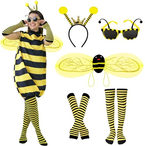 Kitimi Bienen Kostüm Damen, Bienenkostüm Erwachsene mit Stirnband, Handschuhen, Beinsocken, Brille, Flügeln, Halloween Karneval Mottoparty Kostüm, Frauenkostüm für Karneval Cosplay