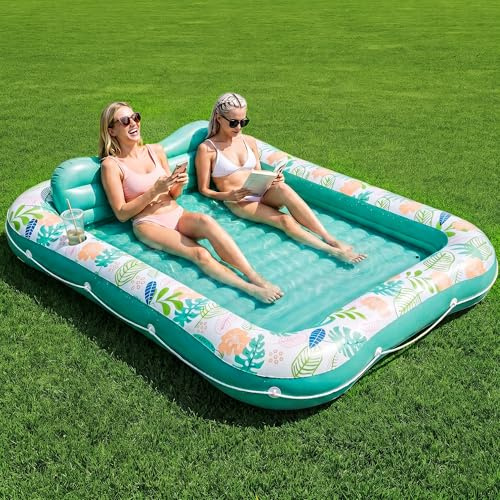 Inflatable Tanning Pool Lounger Float, Stonful 87 x 63 Pool Floats Adult with Pillow & Cup Holder, 4 in 1 Water Filled Inflatable Sun Tan Tub Tanning Bed for Swimming Pool Backyard Beach (Green-XL)