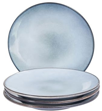 Conjunto de 4 platos llanos grandes de gres caolín para postres artesanal acabado esmalte reactivo azul claro Juniper