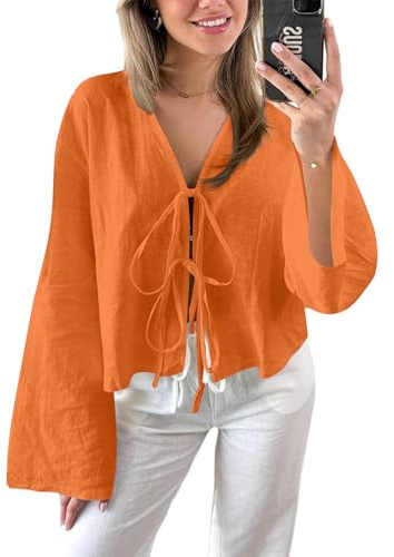 Chvity Tie Front Tops for Women Y2K Linen Shirts Flare Sleeve V Neck Going Out Coquette Clothes Casual Lace Up Bow Blouses, Orange, S
