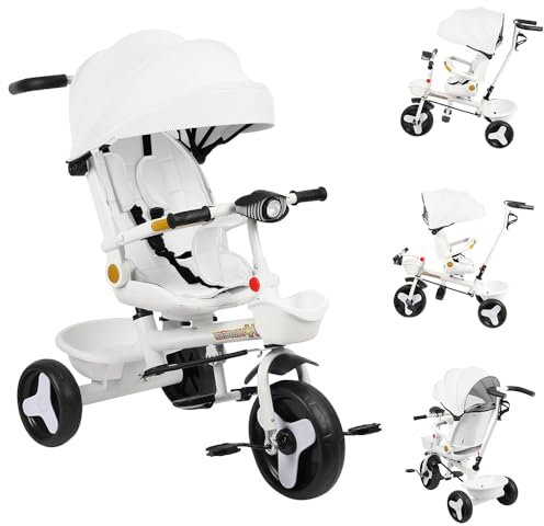 OHMG Dreirad 4-in-1, für Kinder ab 1 bis 5 Jahren, mit abnehmbarem Sonnendach, Schiebestange, Jogger, mit Dachfenster, Sicherheitsgurten, Pedal, Drehsitz (A-Weiß)
