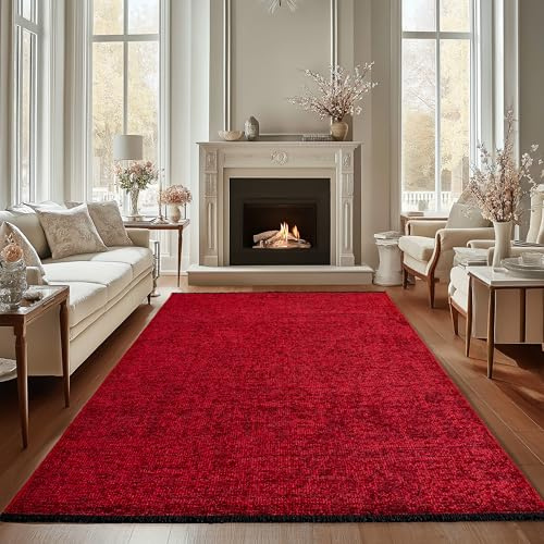 Carpettex Chenille Teppich Baumwolle Rot 120x170 cm Boho-Stil, Vintage Kelim, Waschbar, Kurzflor, rutschfest & Weich, Einfarbig Meliert, Für Wohnzimmer, Schlafzimmer, Büro & Küche
