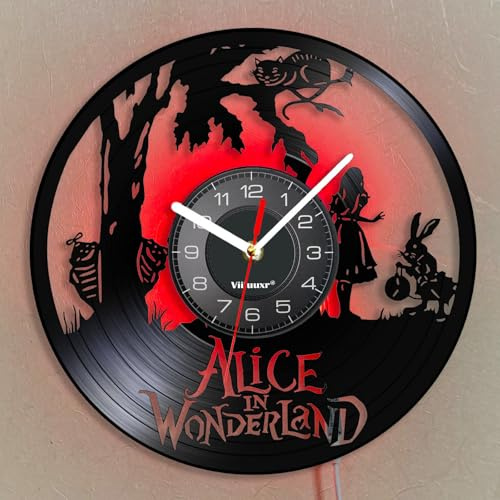 Viiluuxr LED Leuchtend Vinyl Schallplatten Uhr mit Zeichentrickfilm-Themenreise im Wunderland, Led-Streifen Deko Zimmer Nachtlicht ohne Tickgeräusche Leuchtendes Ambiente Wanduhr. (B-Bunt mit Led)