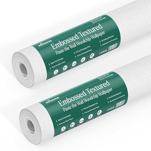 WINSOME Woodchip Wallpaper 10m Roll – Durable Paintable Textured Wall Covering to Hide Cracks & Imperfections – Embossed White Woodchip Effect Wallpaper for Bedroom, Living Room & Home Renovation