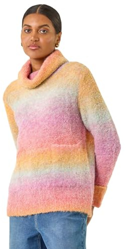 Roman Originals Ombre Stripe Knit Jumper for Women UK - Ladies Everyday Autumn Winter High Neckline Comfy Soft Evening Vacation Work Party Night Out - Orange - Size 10