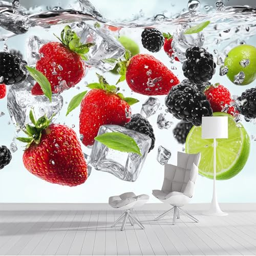 Papel Pintado Panorámico Fresa Y Lima 400x280cm Fotomurales Frutas Y Cubitos De Hielo XXL Papel Tapiz Seda Decoración De Pared para Comedores, Salones, Habitaciones, Rojo
