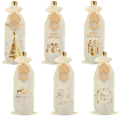 6 Stück Jute Weinbeutel Weihnachten mit Kordelzug, Anhänger & Passender Jute Schnur, Flaschenbeutel für Weinflaschen, Sekt & Champagner, Wiederverwendbare Geschenkverpackung, auch als Weihnachtssack
