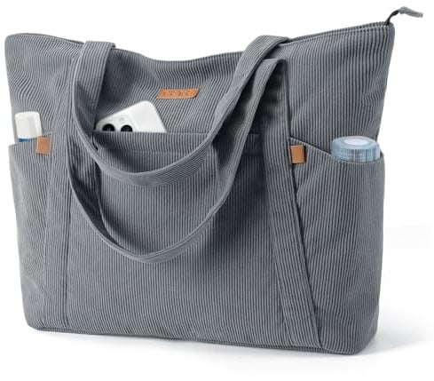 Lekespring Laptop Tote Bag for Women - Large Capacity Corduroy Shoulder Bag with Zip and Pocket for College School Work Travel Shopping