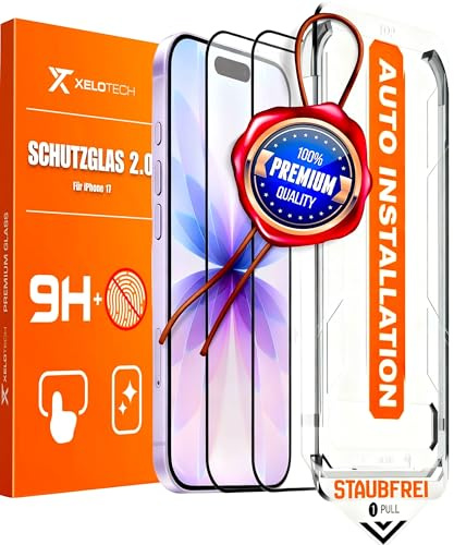 XeloTech Schutzglas für iPhone 17 aus Panzerglas [9H+] automatische Ausrichtung mit neuer Antistaub-Schablone, 2er Pack