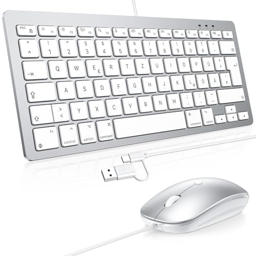OMOTON Kabel-Tastatur und Maus für Mac, USB/USB-C, Büro & Zuhause | Duale Schnittstelle, Plug & Play für Apple Mac Pro/Mini, iMac, MacBook Pro/Air, Leises Tippen, QWERTZ, Silber