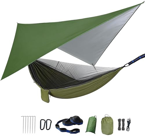 Camping Hammock with Rain Fly Tarp and Mosquito Net Tent Tree Straps, Portable Single Double Nylon Parachute Hammock Rainfly Set for Garden Beach Travel Backpacking Hiking Yard Outdoor Activities