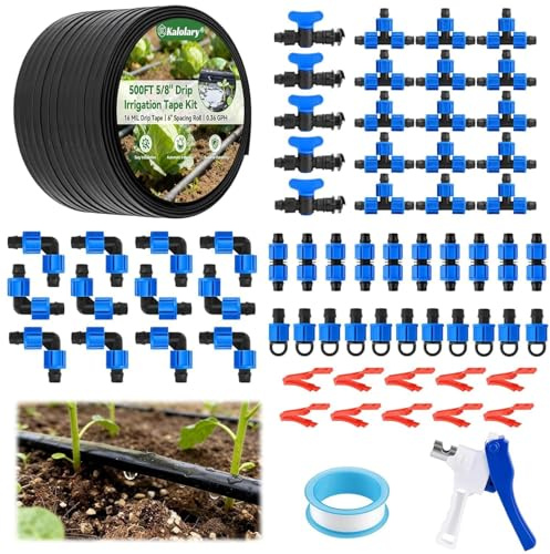 500 pies 5/8 pulgadas Kit Riego Por Cinta Goteo, Kalolary Riego Automático Jardín con Manguera Plana PE Reforzada 16 Milésimas Pulgada Espaciado 6'' Manguera Paisajístico con Cinta Goteo Perforadora