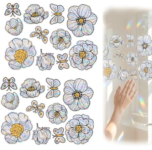 22 Stück Prism fensterbilder - Vogelschutz Regenbogen folie fenster - Blumenförmig Sonnenfänger Sticker Dekoration - PVC Anti Kollisions Aufkleber für Stoppt Vögel Türfenster Esszimmer Schlafzimmer