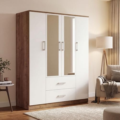Dako Furniture® 4 Door Wardrobe OAKRIDGE with Mirrors & Soft Close White & Oak Effect Bedroom Storage Cabinet with Drawers, Hanging Rails & Shelves Modern Wardrobe