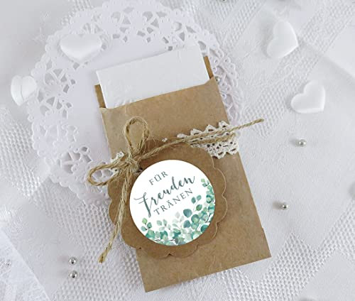 Freuden Tränen Taschentücher Set zur Hochzeit 24 Sticker + 24 braune Flachbeutel 63 x 93 mm Freudentränen Taschentuch Verpackung GRÜN WEIß BOHO HIPPIE EUKALYPTUS BLÄTTER ZWEIGE