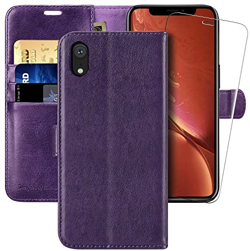 iPhone XR Wallet Case,6.1-inch,MONASAY [Glass Screen Protector Included] Flip Folio Leather Cell Phone Cover with Credit Card Holder for Apple iPhone XR,Purple