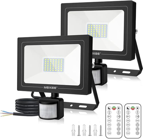 MEIKEE 35W Security Lights with Motion Sensor Outdoor PIR Lights Led Floodlight with Sensor Remote Control 3000 Lumens Daylight White for Garage Forecourt Corridors Courtyards 2 Pack