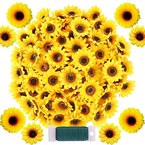 Woohome 120 Stück Künstliche Sonnenblumen 7CM und 9CM Kunstblumen Sonnenblumen Plastik Sonnenblume Köpfe für Haus Garten Zuhause Party Dekoration Props Gelb