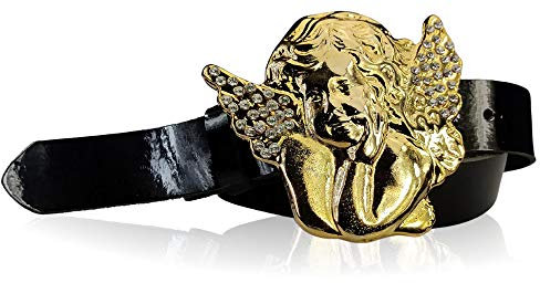 FRONHOFER Lack Gürtel Damen mit goldener Engel-Gürtelschnalle und Strass, Größe:Körperumfang 105 cm/Gesamtlänge 120 cm, Farbe:Schwarz-Lack