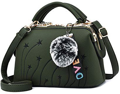 NICOLE & DORIS Damen Handtaschen Kleine Umhängetasche Elegante Tote Henkeltasche PU Leder Schultertaschen Frauen Shopper Tasche mit Haarballanhänger Grün