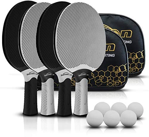 Senston Tischtennisschlägerset, professionelles Tischtennis-Paddel-Set für 4 Spieler, Ping-Pong-Paddel aus Verbundgummi, Spiele im Innen- oder Außenbereich.