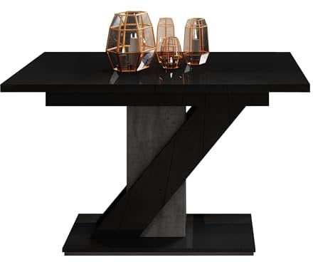 Mirjan24 Tisch für Esszimmer Malzik, Praktischer Auszugstisch, Rechteckiger Esstisch, Küchentisch, Esszimmertisch, Ausziehtisch (Schwarz Hochglanz/Beton)