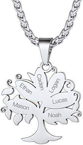 Suplight Prénom personnalisé Collier Arbre de Vie 6 Prénoms Gravé Doré Acier Inoxydable Chaîne Arbre de Vie pour Famille avec Chaîne 55cm+5cm Bijoux Personnalisé Fête des Mère Anniversaire Noël