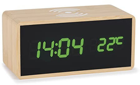 AtlantaDigital-Wecker LED Anzeige mit Wireless Charging Induktiv Ladefunktion Bambus Gehäuse - 2602, 16 x 7 x 7 cm