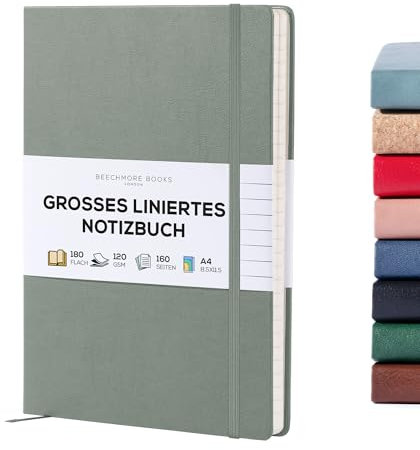 Beechmore Books Liniertes Tagebuch, XL, A4, Olivgrün, 160 linierte Seiten, 21,1 x 14,7 cm, Hardcover, Leder, Tagesjournale zum Schreiben, dickes 120 g/m² cremefarbenes Papier, Geschenke für Männer,
