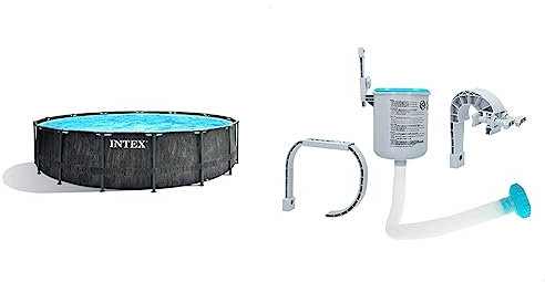 Intex Unisex – Erwachsene Premium Frame Pool Set Prism Greywood Ø 457 x 122 cm, Dunkelgraue Holzoptik & Surface Skimmer - Deluxe Wall Mount Surface Skimmer - Suspension Skimmer