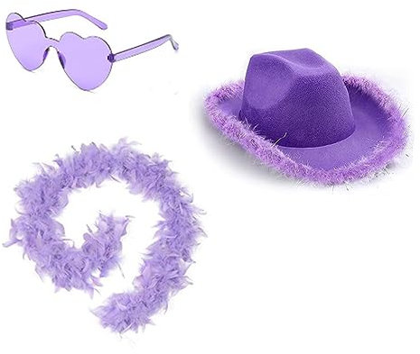 ZOOMPIL Cowboy Hut Lila, Cowboyhüte für Damen, Filz-Cowboy-Hut für Frauen, Cowboyhut Federn, mit Herzbrille Und Federboa, für Erwachsene Partyhut und Play Dress-Up