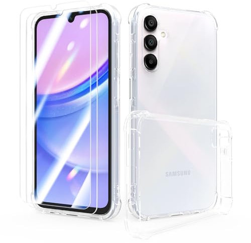 SMYTU Custodia per Samsung Galaxy A15 4G / 5G (6.5) + 2 Pezzi Vetro Temperato,Trasparente Anti-Giallo Case Cover Protettiva Antiurto Leggera e Sottile per Samsung Galaxy A15 4G / 5G - Crystal Clear