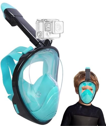 Wsobue Tauchmaske für Kinder,Vollmaske Schnorchelmaske 180° Sichtfeld mit Sportkameras Kompatible, Leichtes Atmen Trocken Schnorchelset für Kinder im Alter 5-14 (Schwarz Grün XS für Kinder)