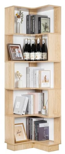 mosegor 6 Etagen Eckregal aus Holz, Großes Eck-Bücherregal Modernes Standregal Wohnzimmer, S-förmiges Bücherregal für Arbeitszimmer, Schlafzimmer Büro, H-175cm (Ursprüngliche Holzfarbe)