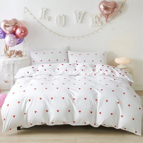 Nyescasa Herz Bettwäsche 135x200 Weiß Rot Herzen Bettbezug Weich Mikrofaser Mädchen Kinder Herzmuster Bettwäsche Set mit Reißverschluss und Kissenbezug 80x80cm