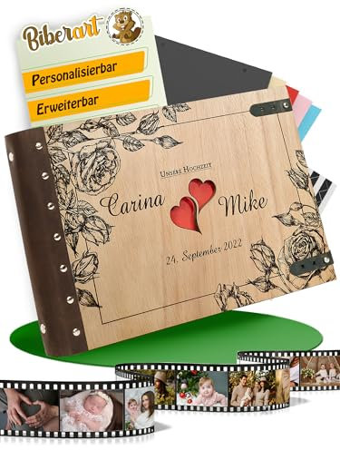 Personalisiertes Gästebuch I Fotobuch I Fotoalbum aus Holz I Hochzeitsbuch mit schwarzen blanko Seiten I Zum Selbstgestallten I Wedding - Hochzeitsalbum mit Ledercover I Zwei Herzen I Hell