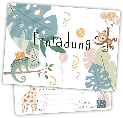 Damalia | 12 Einladungskarten | Kindergeburtstag | Mädchen | Junge | Dschungel | Tiere | Kinderparty | DIN A6 | Einladung | Geburtstag | klein und groß | Dschungel001