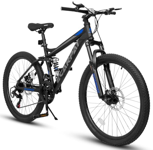 Ecarpat 24 Inch Mountain Bike, Dual Full Suspension Mountain Bike, 21-Speed Disc Brakes, Carbon Steel Frame,Trail Commuter City Bicycles for Kids Teenagers