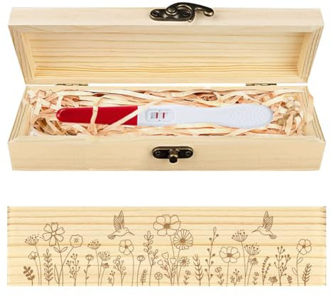 CHGCRAFT Schwangerschaftstest Keepsake Box Kolibris hölzerne Schwangerschaft Ankündigung Geschenke Box mit Raffia Band und Schloss Ankündigung Geschenke für Papa Ehemann, 8x2x1,2 Zoll