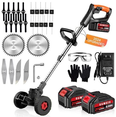 Cordless Strimmer, 15cm Cutting Width, Electric 21V Grass Trimmers with x 4.0Ah Batteries& Fast Charge& Metal Blade, Garden Strimmer Brush Cutter for Clearing Weeds Flower Lawn Trees