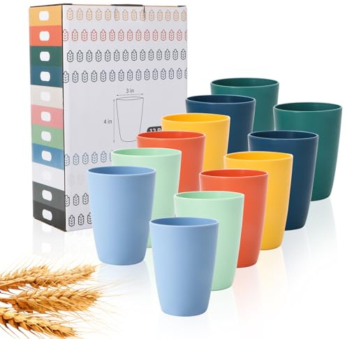Lazycorner Wheat Straw Cup 12 Pcs Drinking Glasses Unbreakable Drinking Cup Reusable Water Plastic Glasses Tumblers with 6 Colors (12 oz)