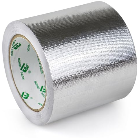 BOMEI PACK 100mmx20m Cinta adhesiva de aluminio reforzada aislante térmico - Rollo de aluminio adhesivo de alta temperatura de reparación - Cinta de Aluminio para Sellar Sistemas
