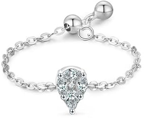 Stfery Ring Kettenglieder Verstellbar Platin Damen, Partnerringe mit Labor Erstellt Diamant in Tropfenschliff Echte Goldschmuck