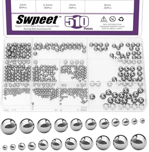 Swpeet 510pcs 11 Größen 2-8mm metrische Präzision Chrome Stahl Lagerkugeln Sortiment Kit, Fahrrad Lagerkugeln für Ventile Auto, 2mm 2,5mm 3mm 3,5mm 4mm 4,5mm 5mm 5,5mm 6mm 7mm 8mm