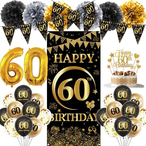 Deko 60 Geburtstag Mann Frau - 37 StüCk Schwarz Gold Geburtstagsdeko | Happy 60th Alles Gute Zum Geburtstag Banner Luftballons Hintergrund Pompons Kuchendekoration für 60. Frauen Party Dekoration