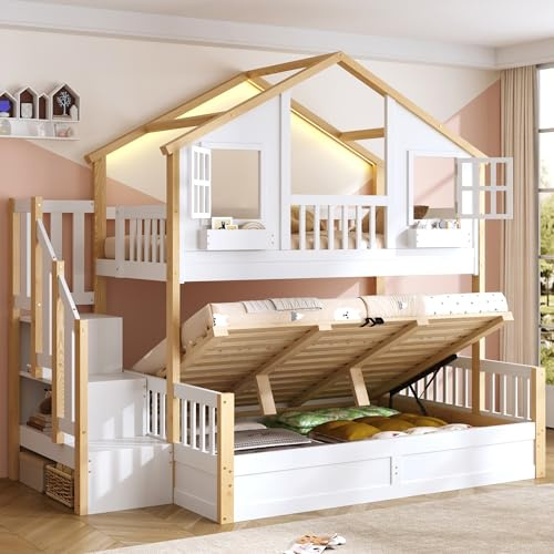 Merax Etagenbett 90/140x200 cm, Hochbett aus Massivholzrahmen mit hydraulischem Stauraum, LED Beleuchtung, Stauraumtreppe, Kinderbett Hausbett mit Fensterdesign, Weiß & Natur (Ohne Matratze)