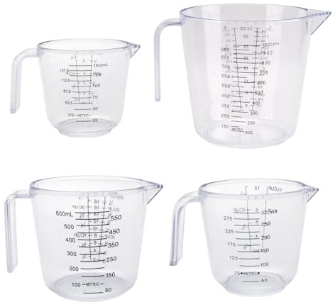 Set di 4 Caraffa Graduata, Graduati con Manico, BPA Free, 150ml/300ml/600ml/1000ml, Trasparente, Resistente al Calore, Bilancia di Precisione per Cucina e Laboratorio