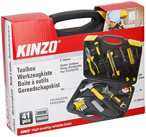 Kinzo 03415 Toolbox mit 41 Werkzeugen, Schwarz und Gelb, 29,5 x 6,5 x 23,8 cm