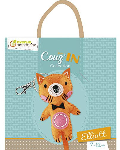 Avenue Mandarine KC047C Set Mini Couz'In, ideal für Kinder ab 6 Jahren, mit 1 Schlüsselanhänger, vorgelochte Fellelemente, Füllwatte, 1 Nadel aus Kunststoff, 3 Garnrollen, 1 Set, Elliott